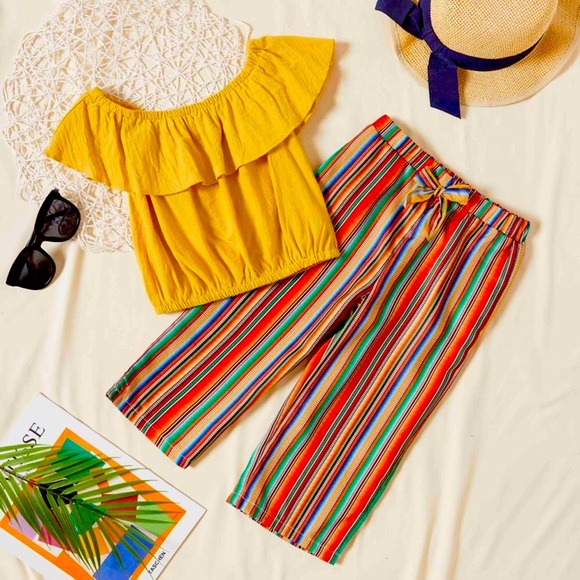 Solid Flounced Collar Top and Striped Pants Set